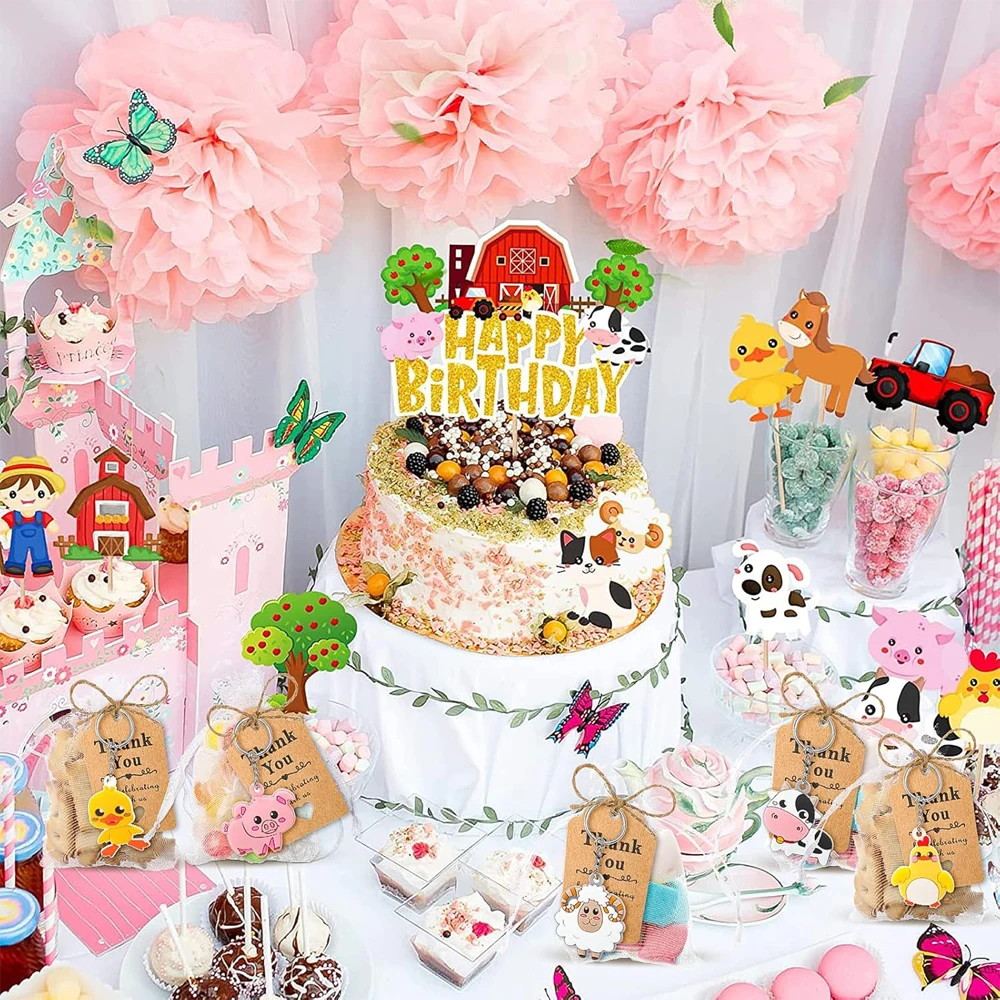 16 set  farm animal party gifts with keychain kraft paper label white transparent hard gauze bag birthday school carnival reward