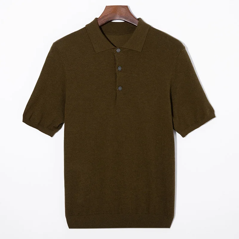 Suéter de lana pura 100% para hombre, Jersey de punto con cuello tipo POLO, camisa informal de manga corta para jóvenes, de alta calidad, primavera