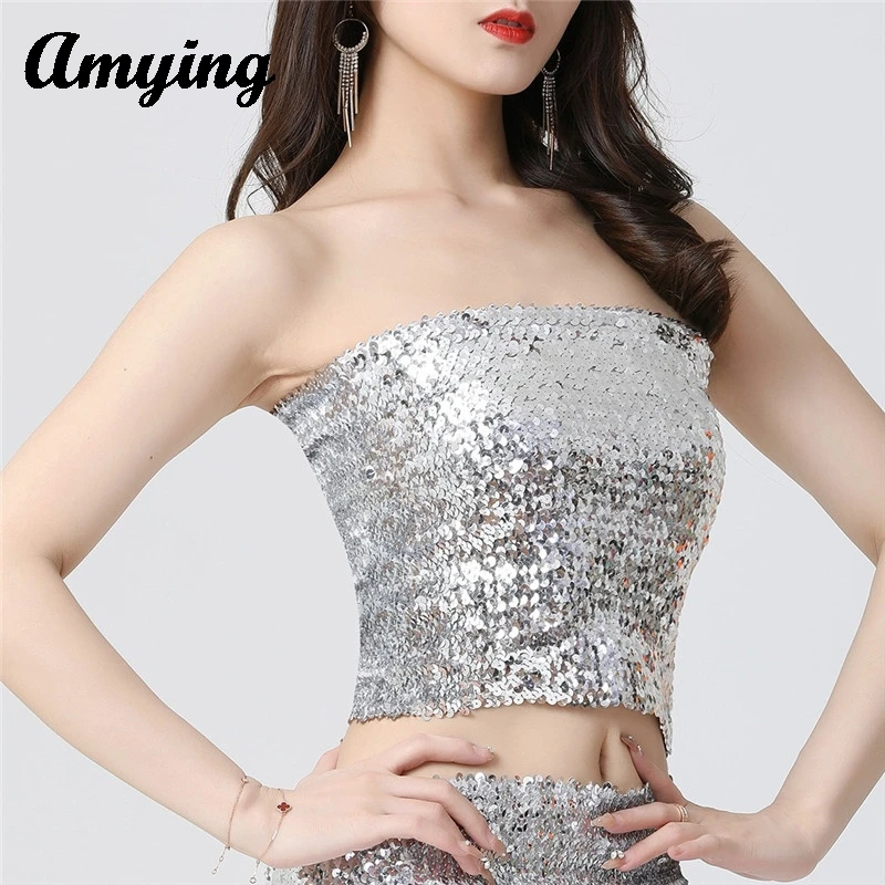 

Girly Sequin Chest Wrap Top Women Sexy Strapless Stretchy Crop Vest Chest Wrap Girls' Party Prom Nightclub Carnival Clothing