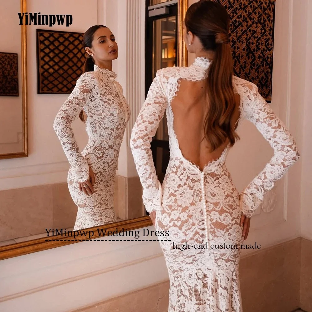 Tokyo Elegant High Neck Long Sleeve Full Lace Mermaid Wedding Dress Vintage Backless Bridal Gown For Women Formal Evening Party