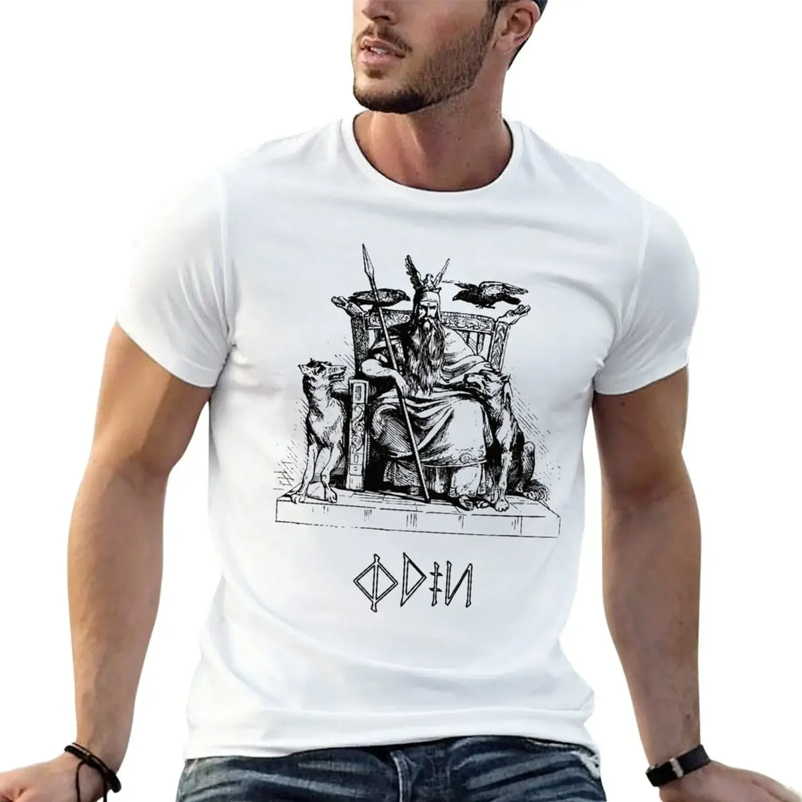 on his throne engraving with Geri and Freki T-Shirt for a summer clothes oversizeds oversized t shirt men