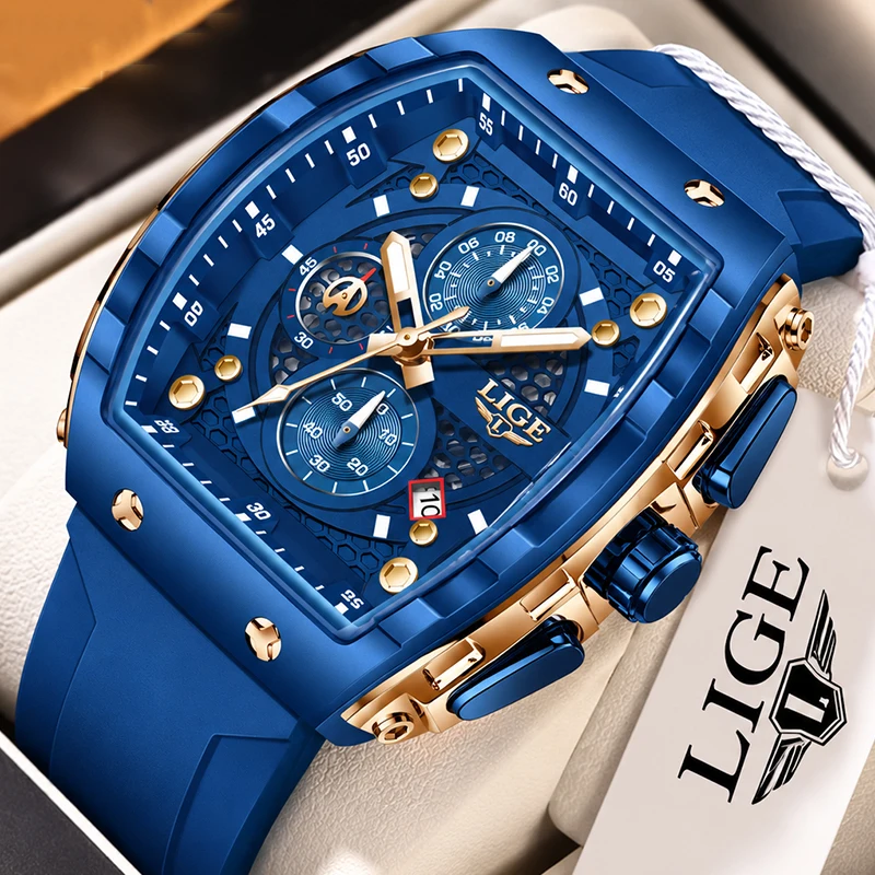 LIGE Top Luxury Men's Watches Square Blue Silicone Quartz Watch for Men Military Waterproof Sports Date Chronograph Reloj Hombre