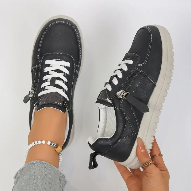 Women's Casual Platform Sneakers Metallic Glitter Lace Up Side Zipper Flat Walking Shoes Comfort Everyday Trainers for Ladies - view 3
