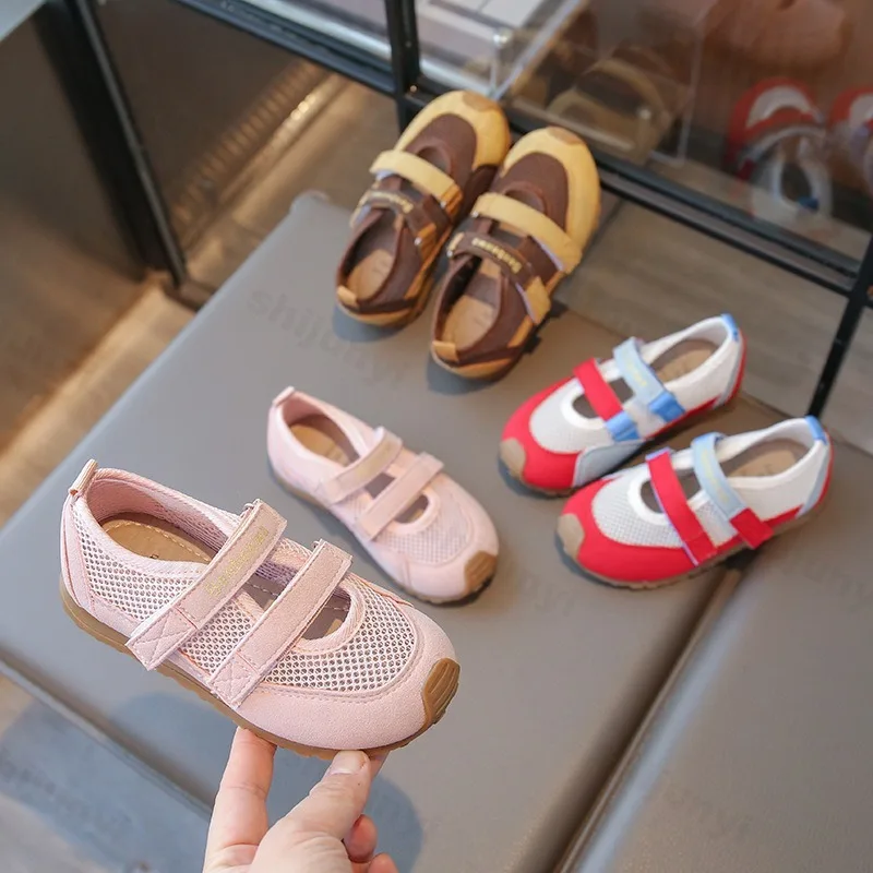 

Детские дышащие повседневные туфли с сеткой, лето 202, новые балетки принцессы на мягкой подошве для девочек, удобные балетки принцессы на плоской подошве с открытым носком