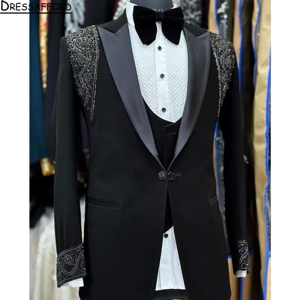 Black Blazers Men Suits Handmade Pearls Beading Fashion Banquet 2 Piece Business Jacket Pants Trousers