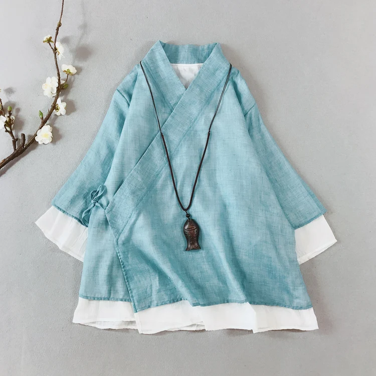 

Women Cotton and Linen Shirt Vintage Chinese Style top V-neck solid Zen clothes women's tea suit Loose Tai Chi Hanfu N922-2