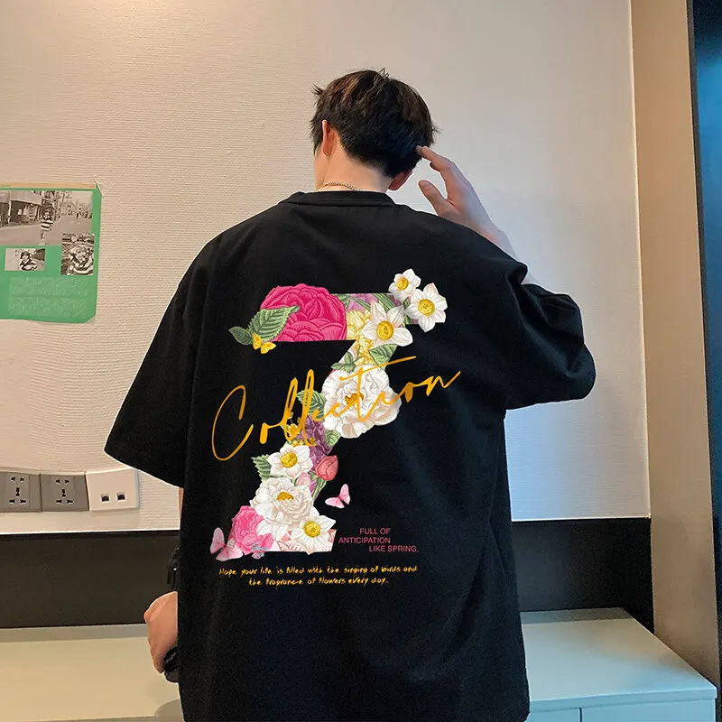 

American Design Sensevine Floral Print T-shirt for Men's Summer Cleanfit Heavyweight Short-sleeved High Streetcouplehalf-sleeved