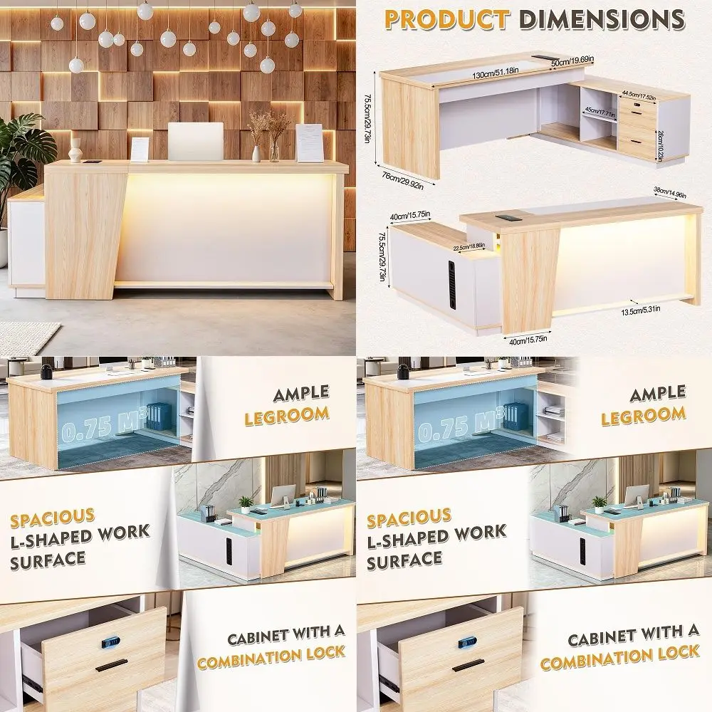 

Executive Desk with LED Lights, Modern Reception Desk with AC Power Outlets USB TypeC, Executive Workstation with Locked Storag