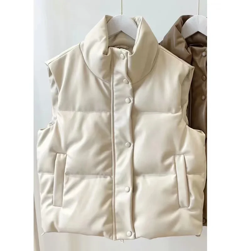 Sleeveless Vest Women Waistcoat Winter Zipper Leather Jacket Vest Cotton Coat Female Stand Collar Waistcoat Short Chaleco Mujer