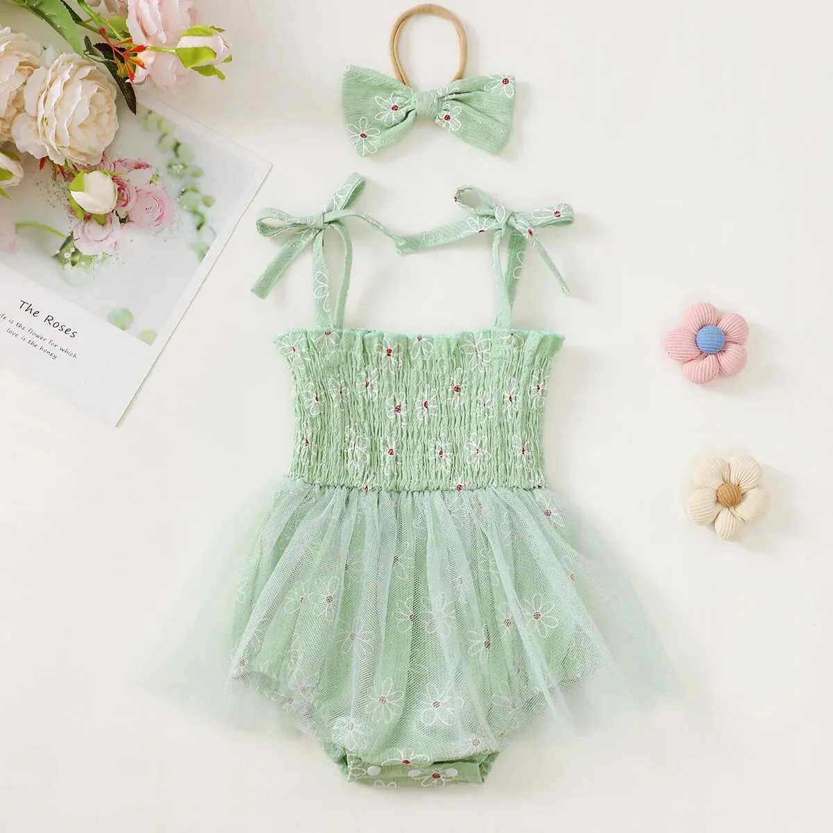 2PCS Summer Baby Girl Little Ruched Chrysanthemum Mesh Dress Princess Dress with Bow Headpiece