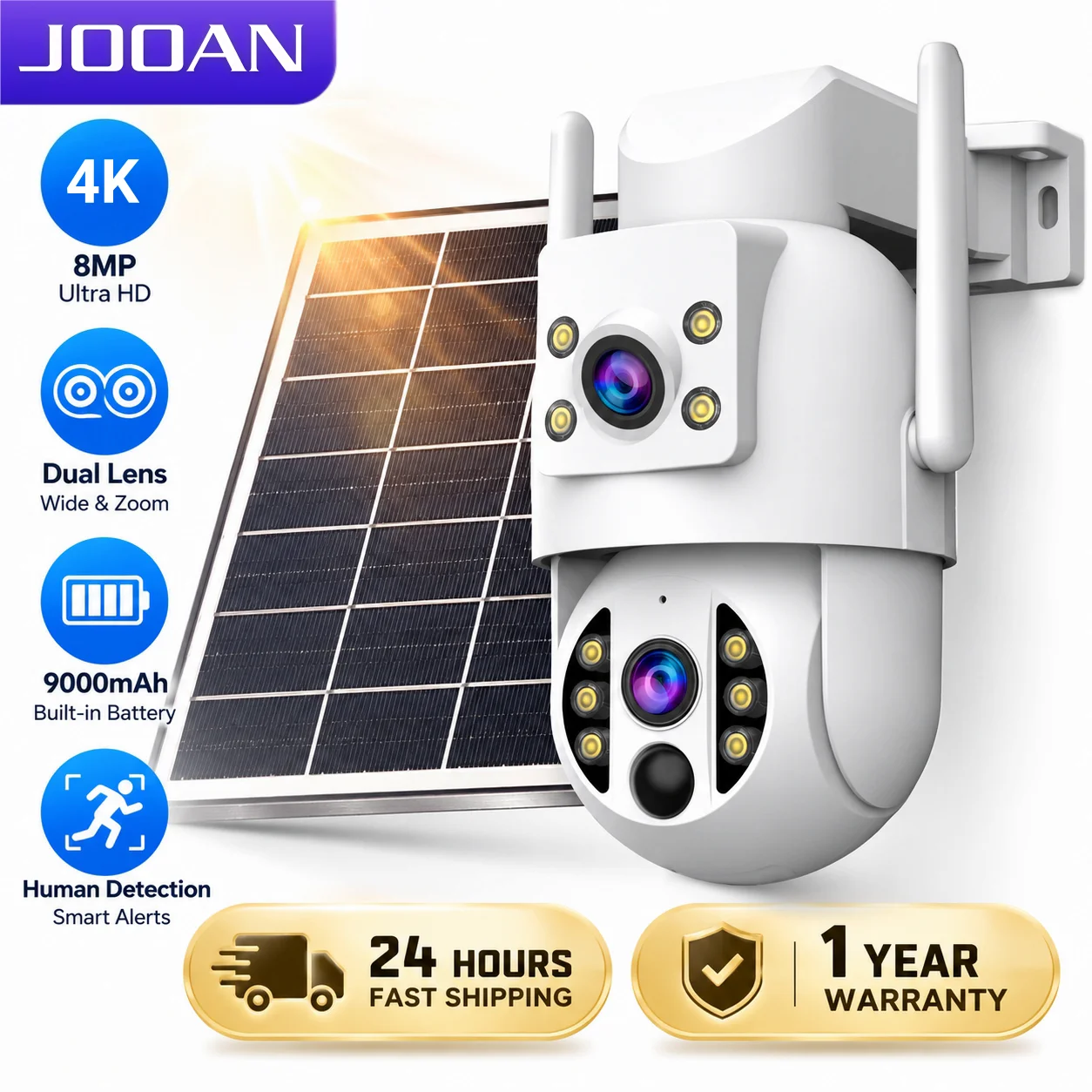 JOOAN 8MP Solar Battery Camera Wifi Outdoor Dual Lens Human Detection Solar IP Camera Home Security CCTV Video Surveillance