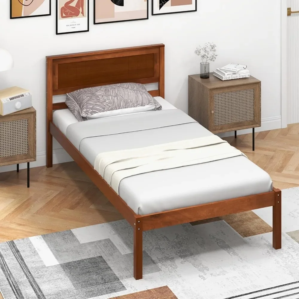 Marcos gemelos con cabecera, cama con plataforma de madera maciza con soporte de listones de madera, individual con almacenamiento bajo de 16"