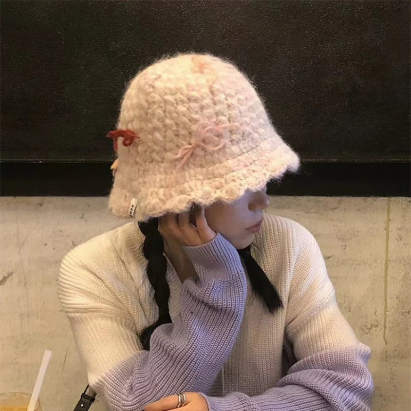 

Japanese Bow Knit Fisherman Hat Woman Autumn/Winter Warm Ear-protection Woolen Hat Woman