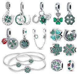 Colgante de cuatro hojas verdes de Plata de Ley 925 para mujer, cuentas finas DIY, compatible con pulsera Pandora Original, joyería Diy