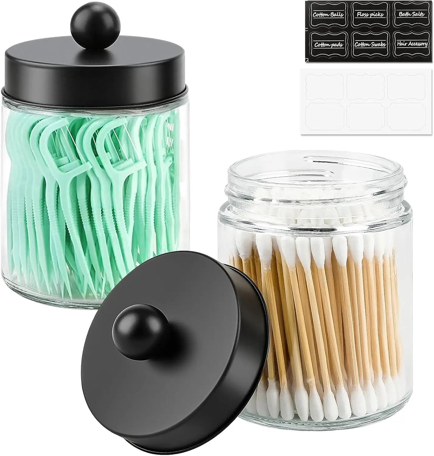 

2 Pack Glass Apothecary Jars with Lids for Bathroom, Cute Qtip Holder, Black Bathroom Accessories Set, Small Canisters for