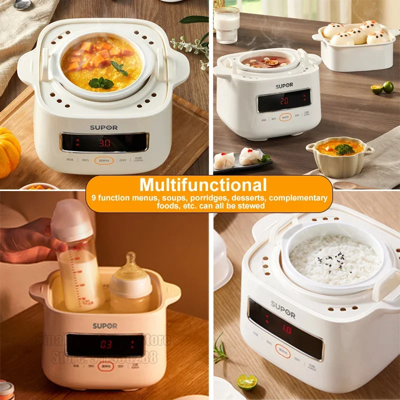 SUPOR 1L Electric Stew Pot With Steamer Reservation Electric Cooker High Quality White Porcelain Inner Pot Rice Cooker 220V