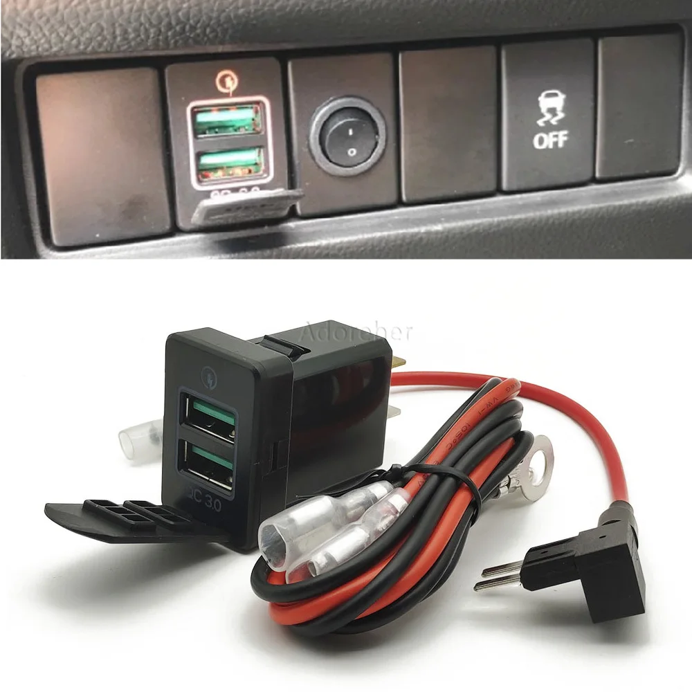 1PC Red LED Car Charger Dual QC3.0 USB Port Interface Adapter Phone Charging Button Fit for Mitsubishi Outlander Accessories