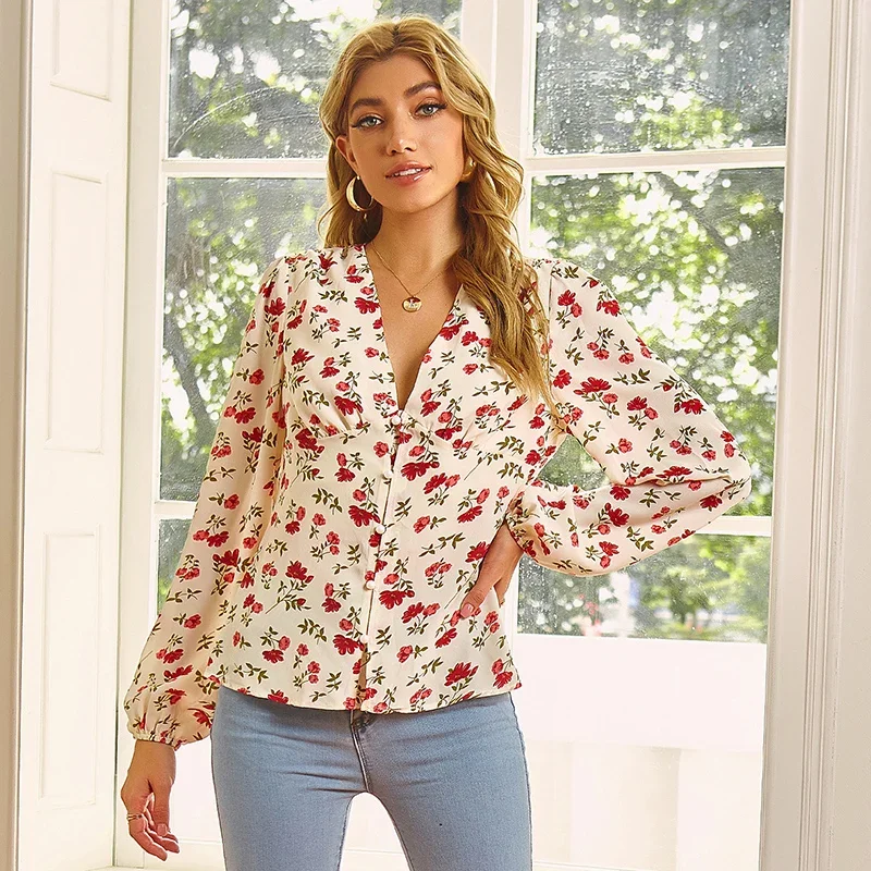 Women's Floral Blouse, Fashion Long-sleeved V-neck, Sweet, Elegant and Comfortable Blouse with Girls Vacation Casual Wear Spring