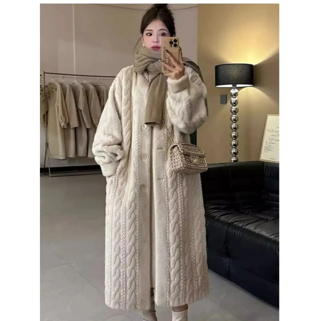 Thiened Long Knitted Mink Cardigan Cotton Plu Women's Winter Coat Eco-friendly Fur Outerwear Large Size Coat for Women