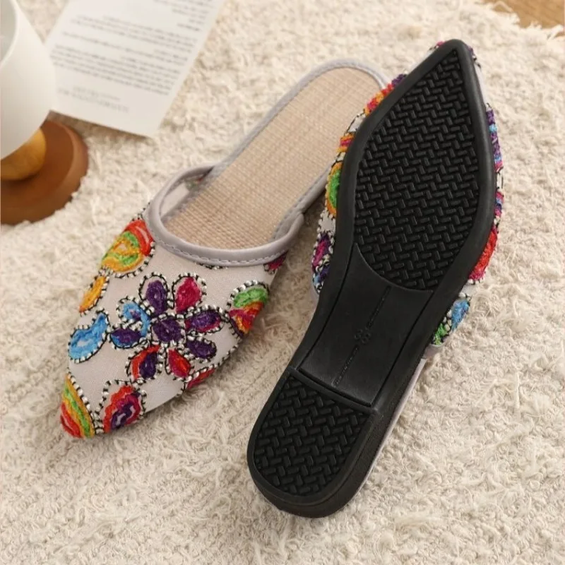Traditional Women's Embroidered Slippers Summer Pointed Toe Soft Insole Indoor Outdoor Slip On Shoes