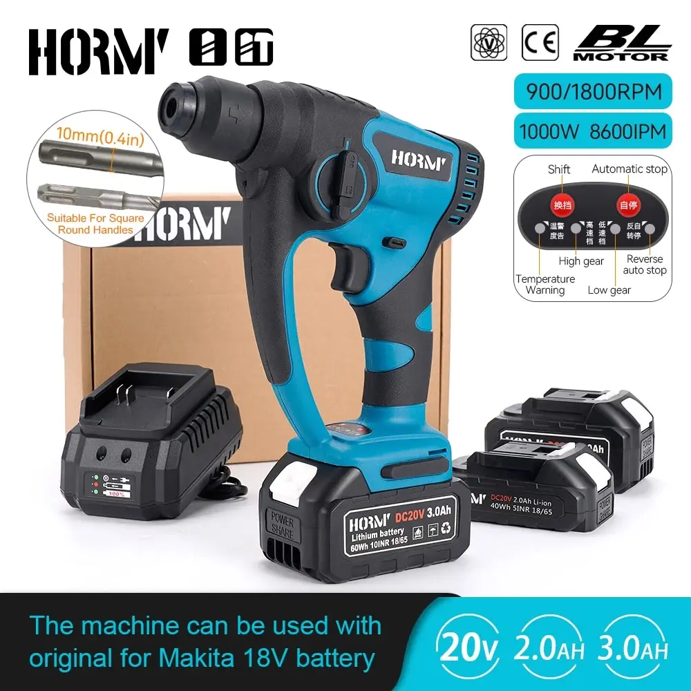 Hormy Brushless Mini Electric Rotary Hammer Concrete Cordless Percussion Drill Punch Power Tools For Makita 18V Lithium Battery