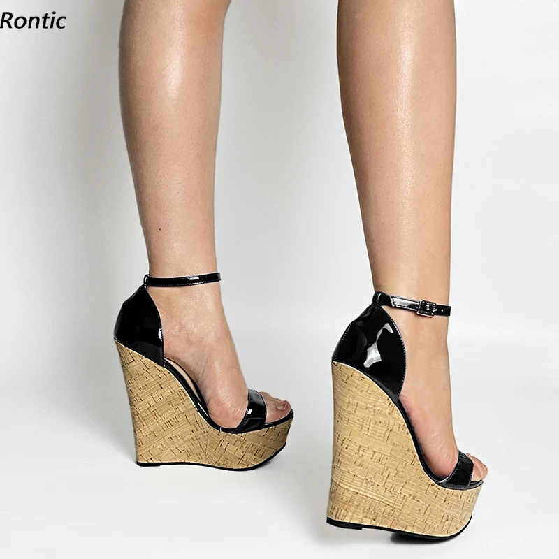 Rontic 2021, женские сандалии с ремешком на щиколотке, на платформе, с пряжкой, на танкетке, с открытым носком, великолепная черная обувь цвета фуксии, красная обувь для вечеринок, размер США 5-14