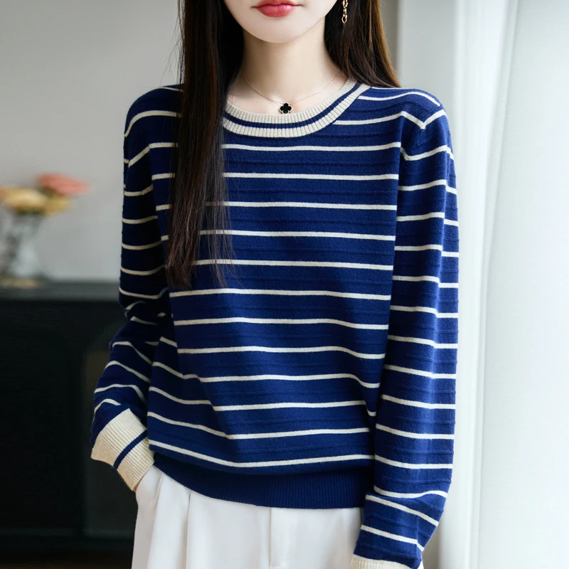 

Новинка 2023 года, женский кашемировый свитер, осенне-зимний кашемировый свитер, женский пуловер, пуловер с длинными рукавами, полосатый вязаный топ