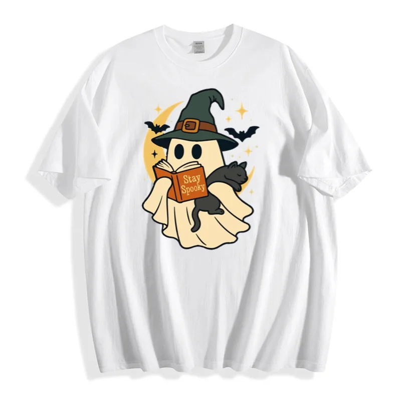 

Adult Halloween Witchy Ghost Cat T-Shirt, Cute Spooky Graphic, Unisex Cotton Tee Top, Festive Bookish Vibe, Party & Casual Wear