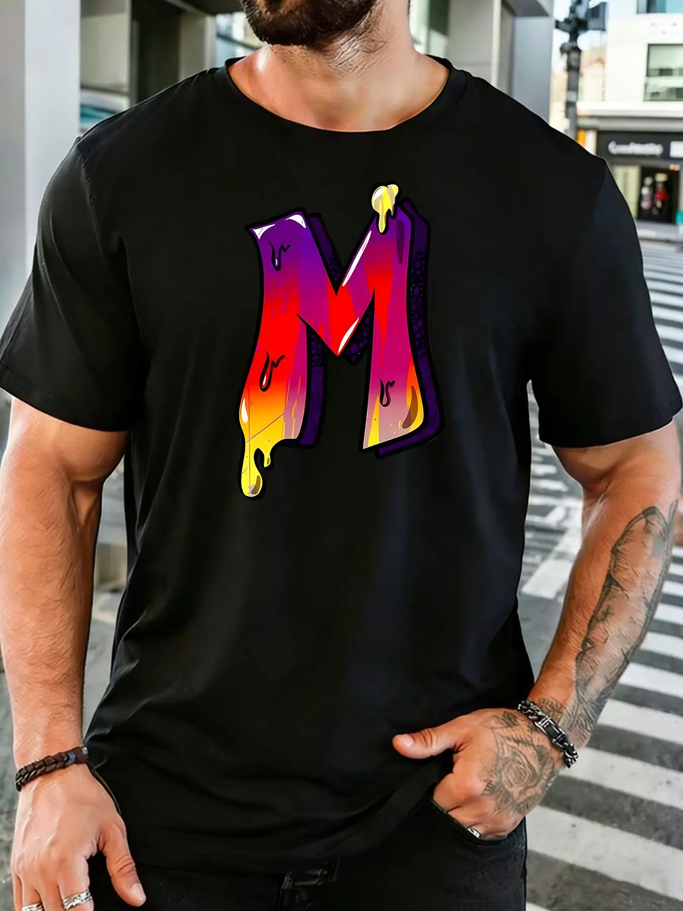 Men Soft Cotton Crew Neck Tee Glossy Drip Gradient Letter M Graffiti Print Loose Hip Hop Street Daily Outdoor Holiday Tops