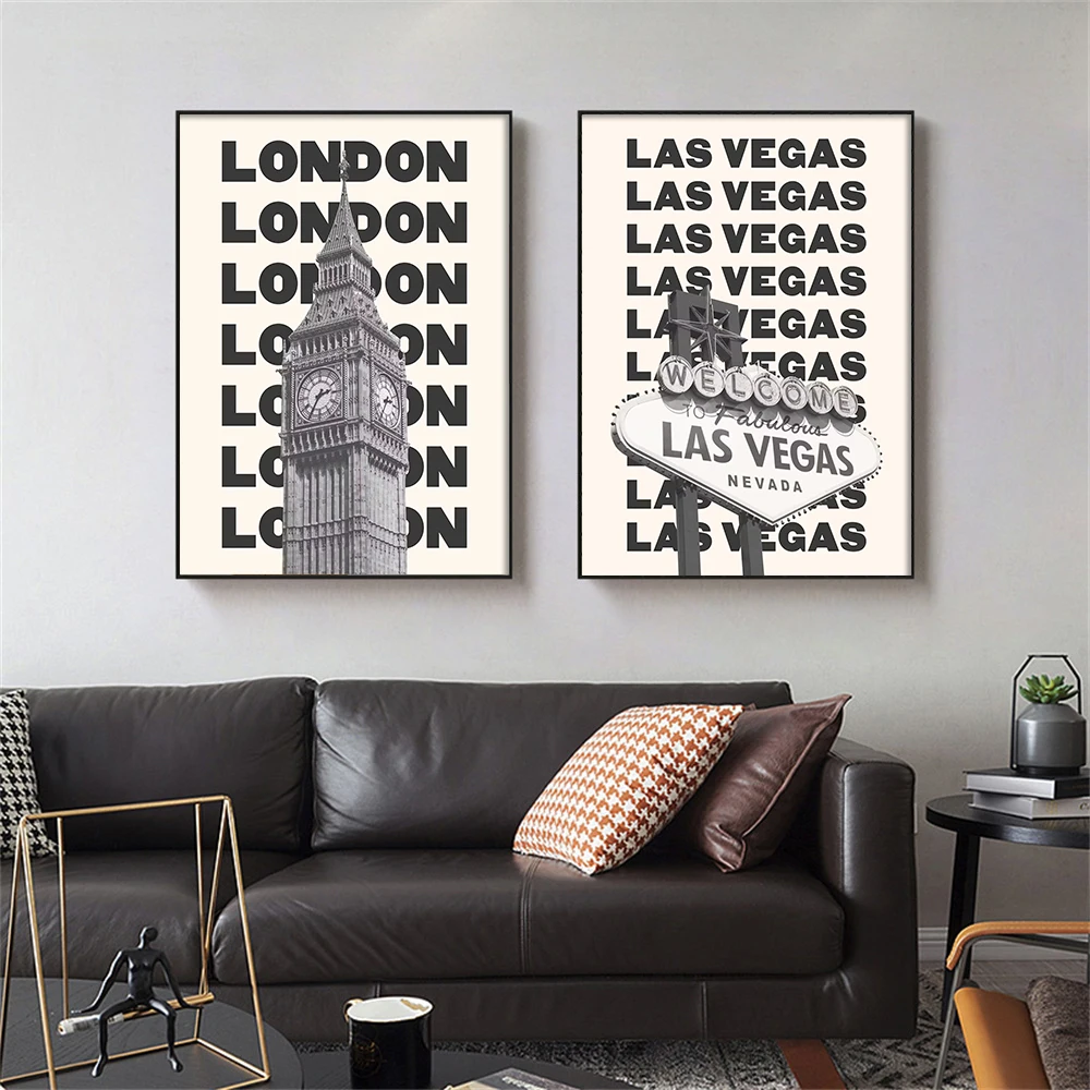 Minimalist Black White City Landmark Canvas Wall Art London New York Typography Travel Poster Gift For Travel Lovers Home Decor