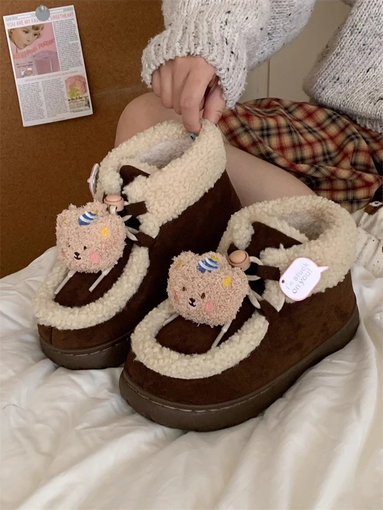 

Cute Bear Winter Boots Women's Warm Fleece Lined Outdoor Snow Boots Drawstring Closure Short Casual Booties for Youth