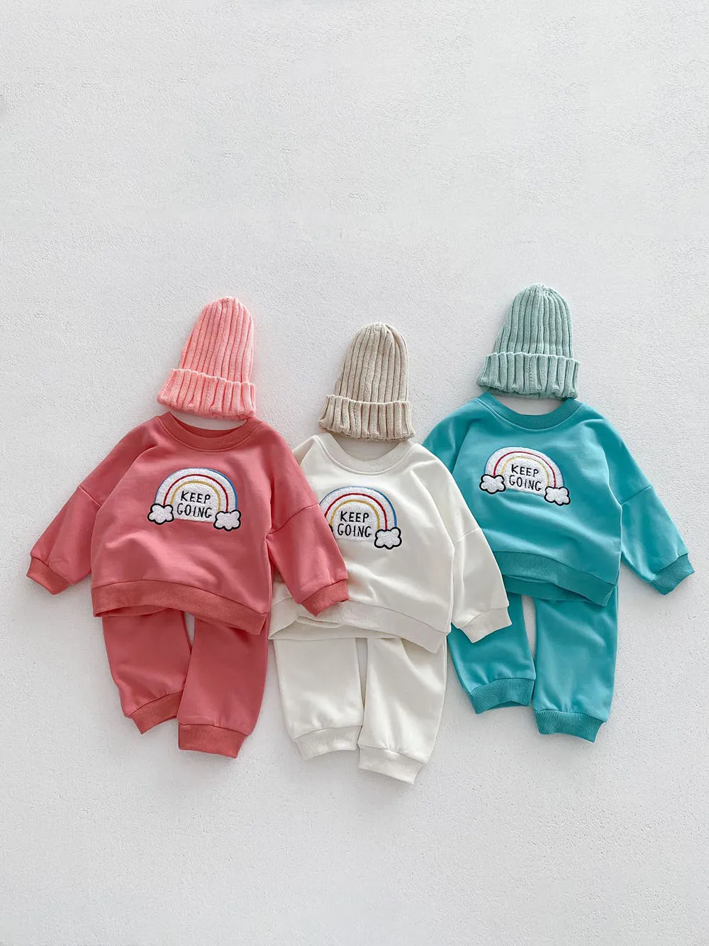 

Autumn Children Rainbow Tracksuit Korean Baby Girls Boys Loose Casual Outfits Long Sleeve Pullover Hoodies+Pants Infant Clothes