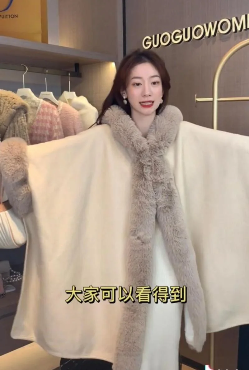 Large Fur Collar Shawl for Women in Winter 2023 Shenzhen European Popular Mid Length Cape Thickened Cape Christmas Year Fur Coat