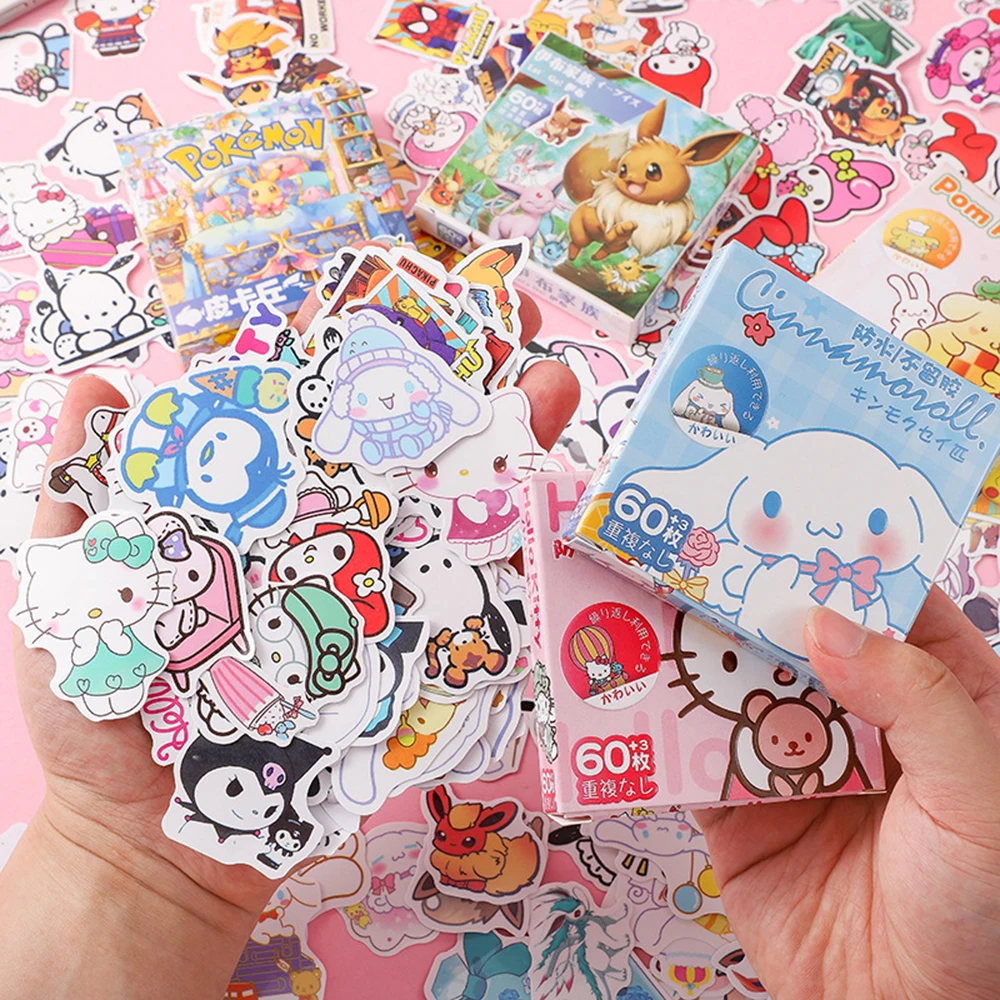 60pcs Cute Sanrio Cartoon Stickers Hello Kitty Kuromi Melody Kawaii Stationery Wall Decals DIY Toys Kids Sticker With Box Gifts