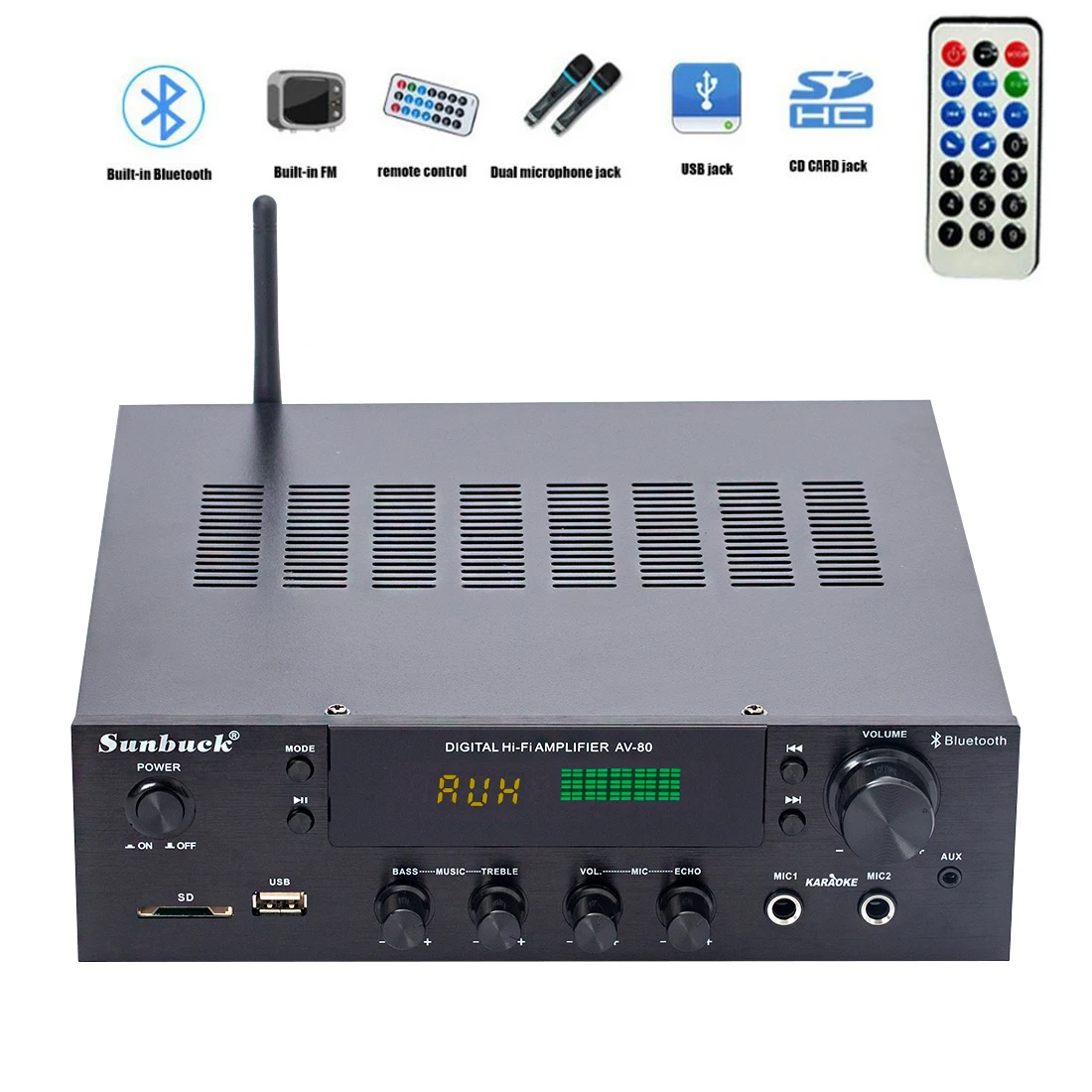 SUNBUCK 400W 2.0 Home Theater Amplifiers HiFi bluetooth Power Amplifier Stereo Audio Karaoke FM Receiver USB SD 2 Mic Input