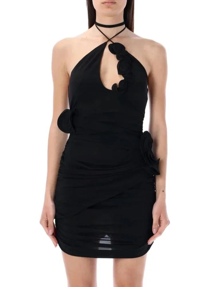 

Sexy Halter Lace-up 3D Flower Mini Dress Women Black Deep V Neck Backless Ruched Slim Dresses Celebrity Party Runway Gowns