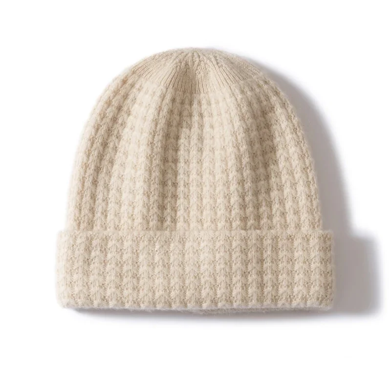 

Solid Color Checkered Texture 100% Cashmere Knitted Cap Unisex Warm Winter Cap Fashionable Headscarf Style for Men And Women
