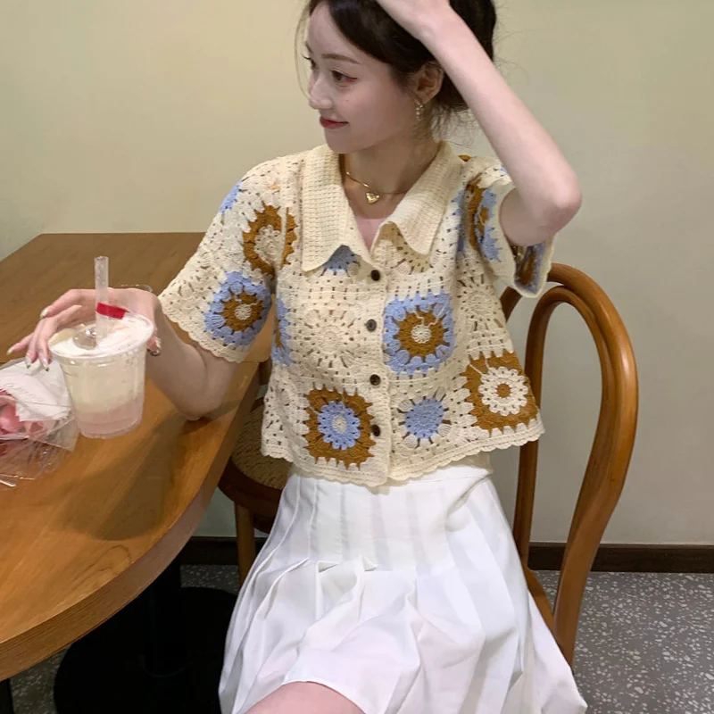 Shirts Women Summer Sweet Girls Hollow Out French Style Fashion Knitting Students All-match Daily Casual Vintage Lovely New Ins