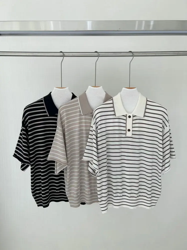 

Women Bead Striped Sweater Silk Wool Turn-down Collar Short Sleeve Front Buttons Casual Autumn 2024 Knitted Pullover