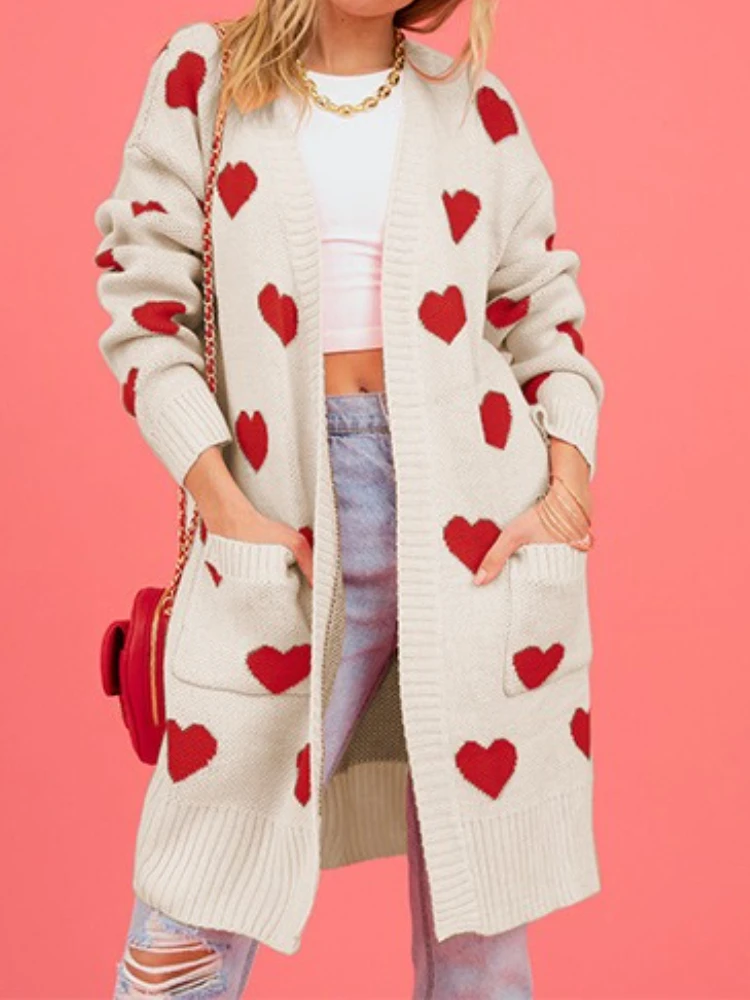 

Новый женский свитер макси с сердечком, кардиган, вязаная куртка, длинный весенний свободный вязаный крючком зимний теплый джемпер на день Святого Валентина, пальто, свитера