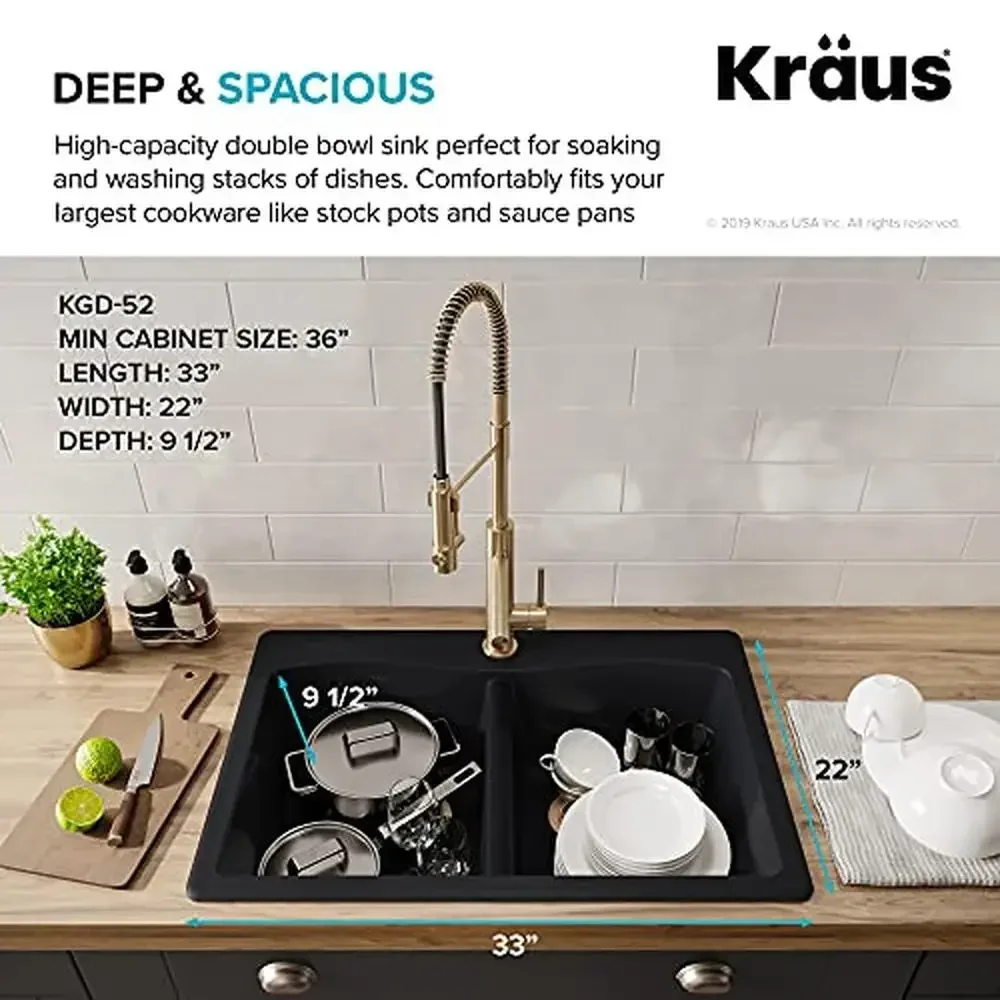 Pia de cozinha de granito com montagem dupla 50/50, 33 polegadas, resistente ao impacto, sem arranhões, design elegante, versátil, conveniente, fácil de usar