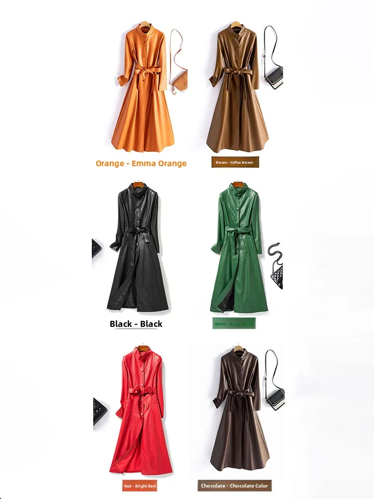 سترة نسائية طويلة من جلد الغنم من TING معطف متوسط ​​الطول بخصر ضيق وحزام للتخسيس فوق الركبة على الطراز الكوري