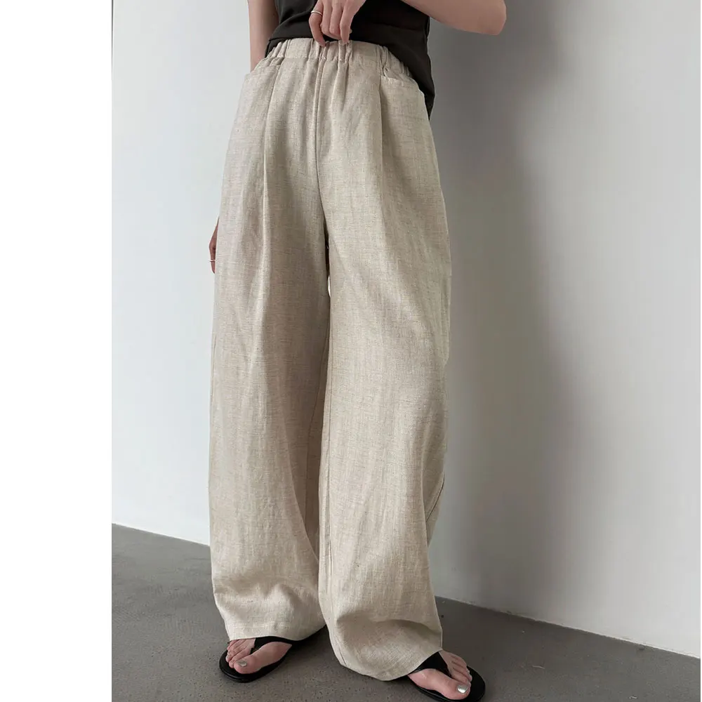 

2026 New Women Casual Stretch High Waist Linen Long Pants Fashion White Wide Leg Pants Women Clothes Trousers