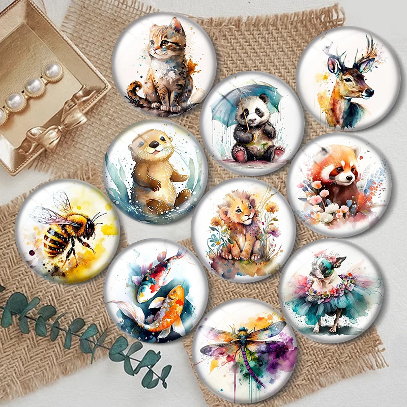 

Watercolor dog tiger sea lion cat 10pcs 12mm/18mm/20mm/25mm Round photo glass cabochon demo flat back Making findings