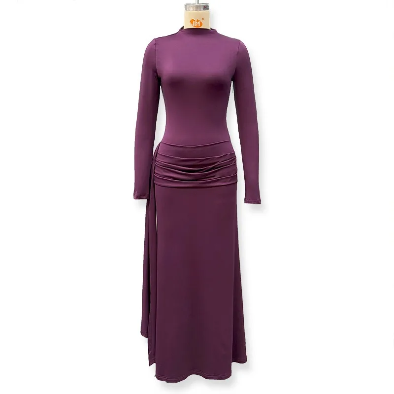 Patchwork Gerafftes Bandkleid für Damen Sexy Rollkragen Elegantes Hochgeschnittenes Abendkleid mit Langen Ärmeln – Detail 2