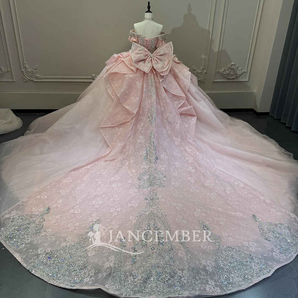 Gorgeous Blush Pink Ball Gown Customized Quinceanera Dresses Off The Shoulder Crystal Puff Sleeves vestidos de 15 quinceañera