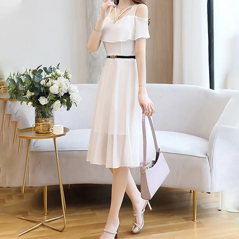 Elegant Fashion O-neck Off Shoulder Black Empire A-LINE Skirt Gift Belt Summer New Solid Color Dress Comfortable Women Clothing