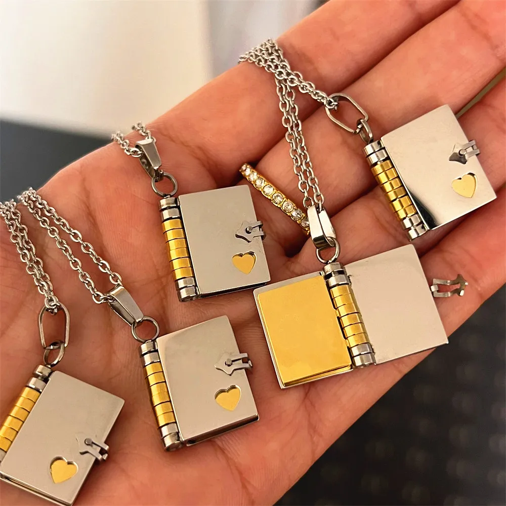 Colliers de la présidence du livre ouvrable en acier inoxydable pour hommes et femmes, médaillon de livre de documents en or, collier pendentif, bijoux punk, cadeau de mémoire Keepplex