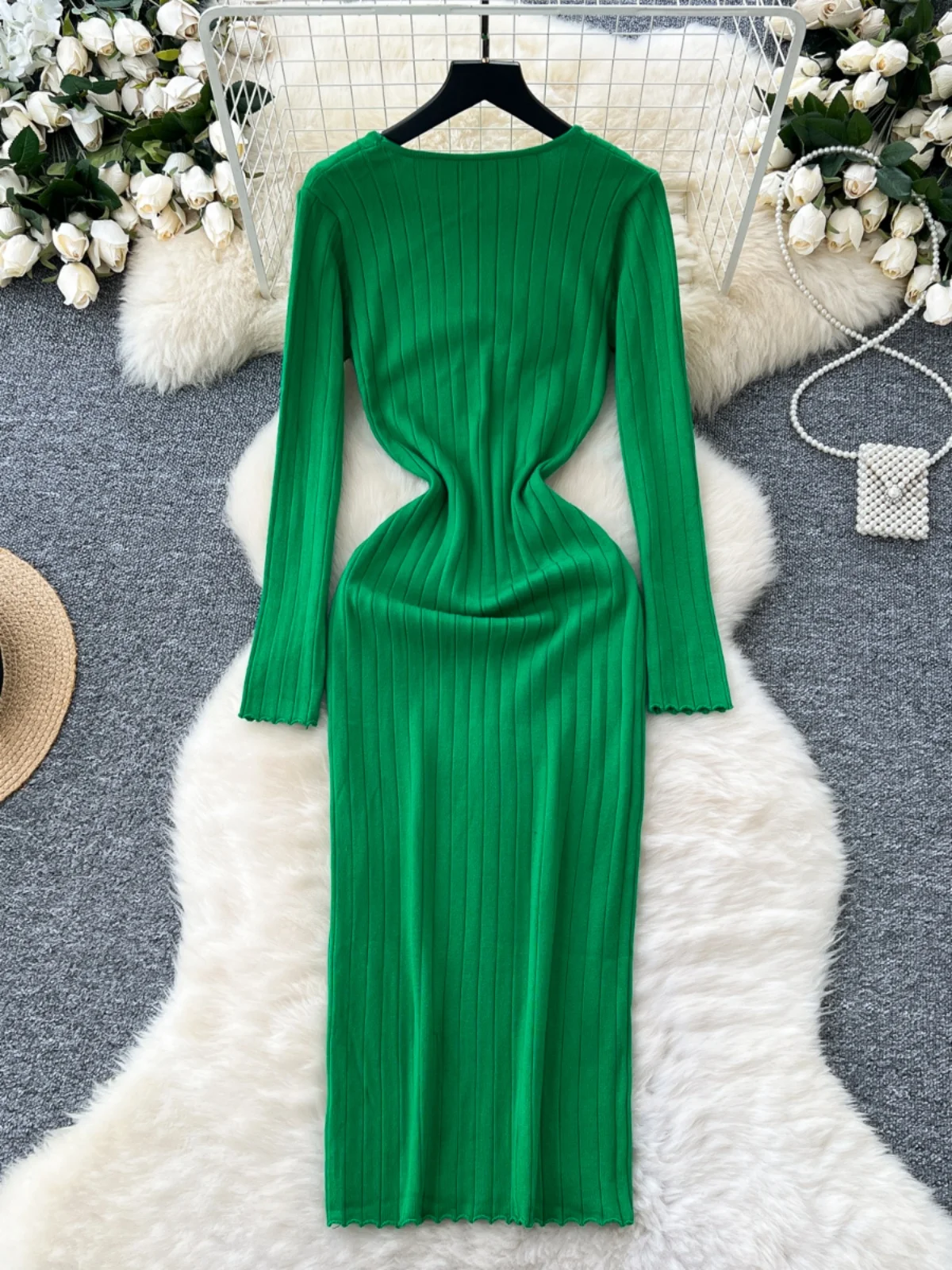 Vestido de Malha F de Crimento Médio, Vestido Suéter Elástico Modelador de Camada Base, Cintura Alta, Estilo Corean...