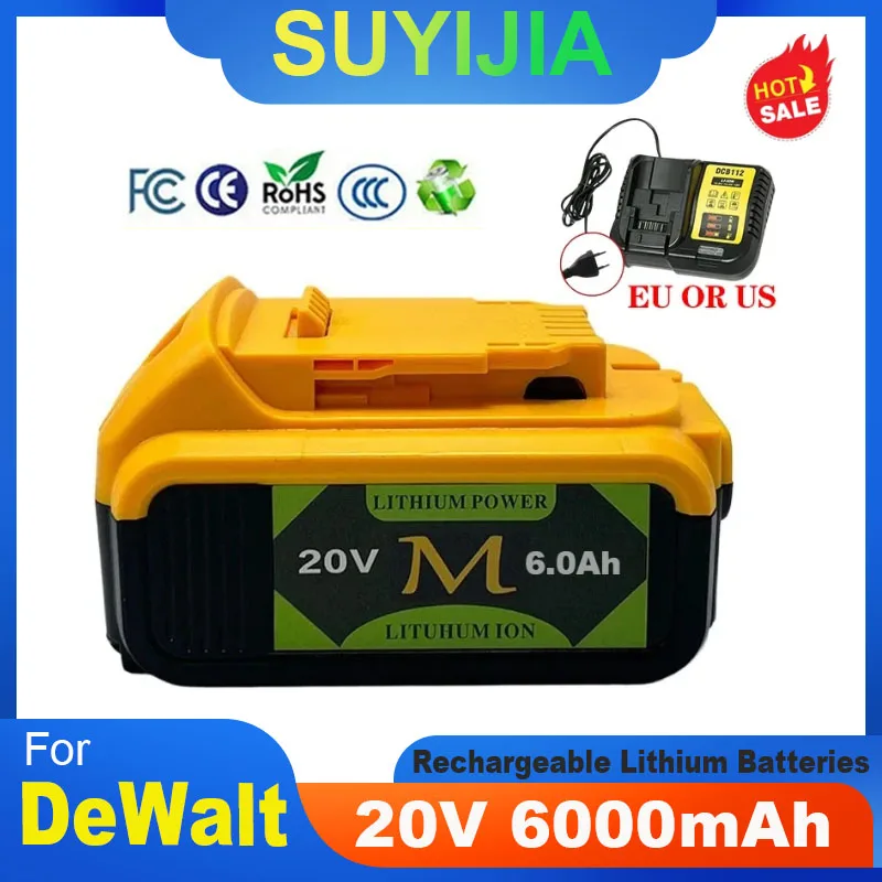 

20V 6Ah Replacement DCB200 Battery for DeWalt DCB185 DCB203 DCB206 DCB181 DCB184 Rechargeable Lithium Batteries 18V Power Tools